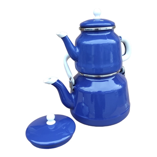 Qussine Emaye Çaydanlık Takımı Lacivert Çaydanlık Takımı 3.5 Litre Yandan saplı