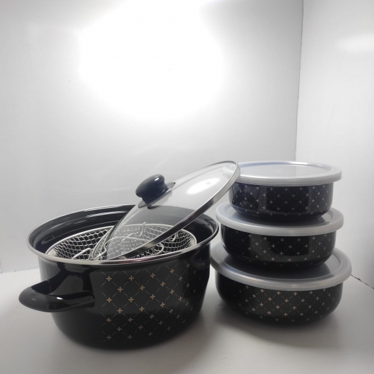 22 cm dekorlu emaye kızartma tenceresi ve 3 lü saklama 
